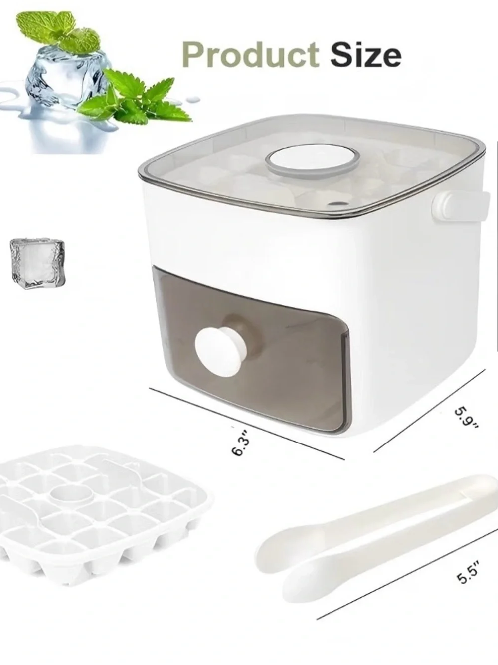Press Ice Cube Maker Bin Set with Easy Release & Tongs - Off-White